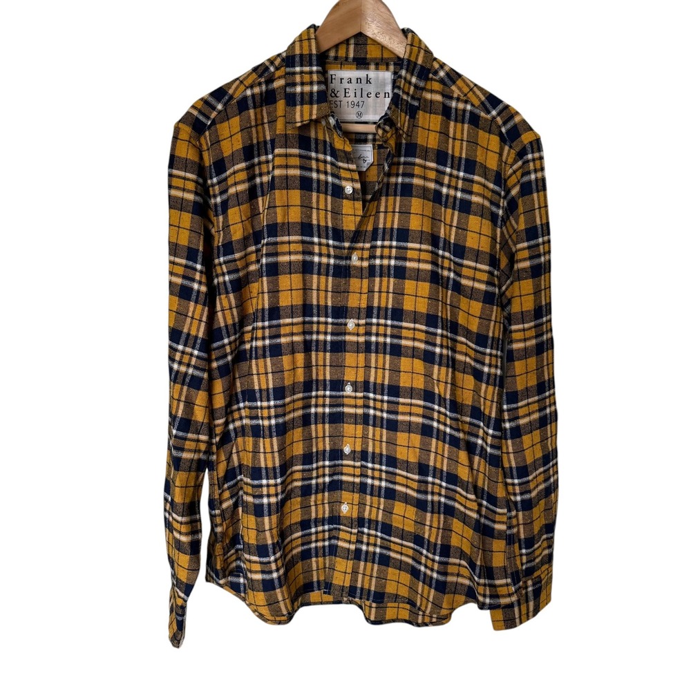Frank & Eileen Finbar Shirt Women M Yellow Plaid Good Italian Fabric Button Down